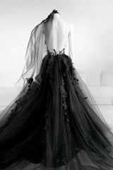 Black round neck tulle lace long prom dress black tulle formal dress - RongMoon