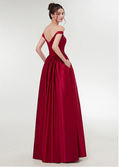 Burgundy Satin Off-the-shoulder Neckline A-line Prom Dress With Beadings