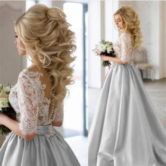 Modest Half Sleeves Lace Appliques Silver Wedding Dresses Satin 2019
