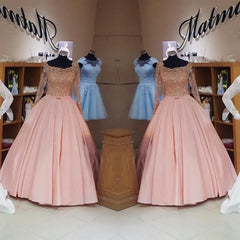 Gold Lace Long Sleeves Pink Satin Bow Back Wedding Dresses Ball Gowns