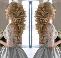Modest Half Sleeves Lace Appliques Silver Wedding Dresses Satin 2019