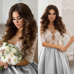 Modest Half Sleeves Lace Appliques Silver Wedding Dresses Satin 2019