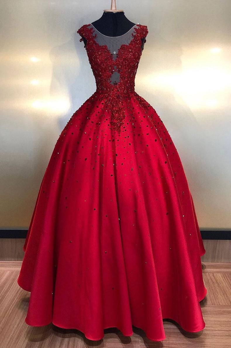 Burgundy round neck lace satin long prom dress burgundy evening dress - RongMoon