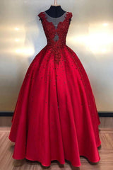 Burgundy round neck lace satin long prom dress burgundy evening dress - RongMoon