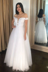 White off shoulder lace long prom dress white formal dress - RongMoon