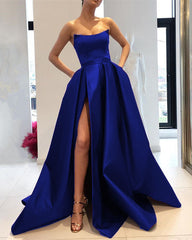 Royal Blue Prom Dresses Long Satin Strapless Evening Gowns With Slit