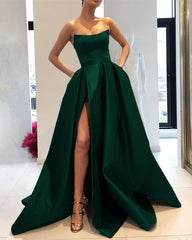 Royal Blue Prom Dresses Long Satin Strapless Evening Gowns With Slit