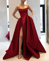 Royal Blue Prom Dresses Long Satin Strapless Evening Gowns With Slit