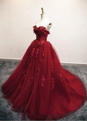 Burgundy Floral Lace Sweetheart Tulle Ball Gown Wedding Dresses