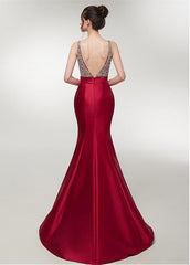 Satin V-neck Wine Red Mermaid Evening Dress