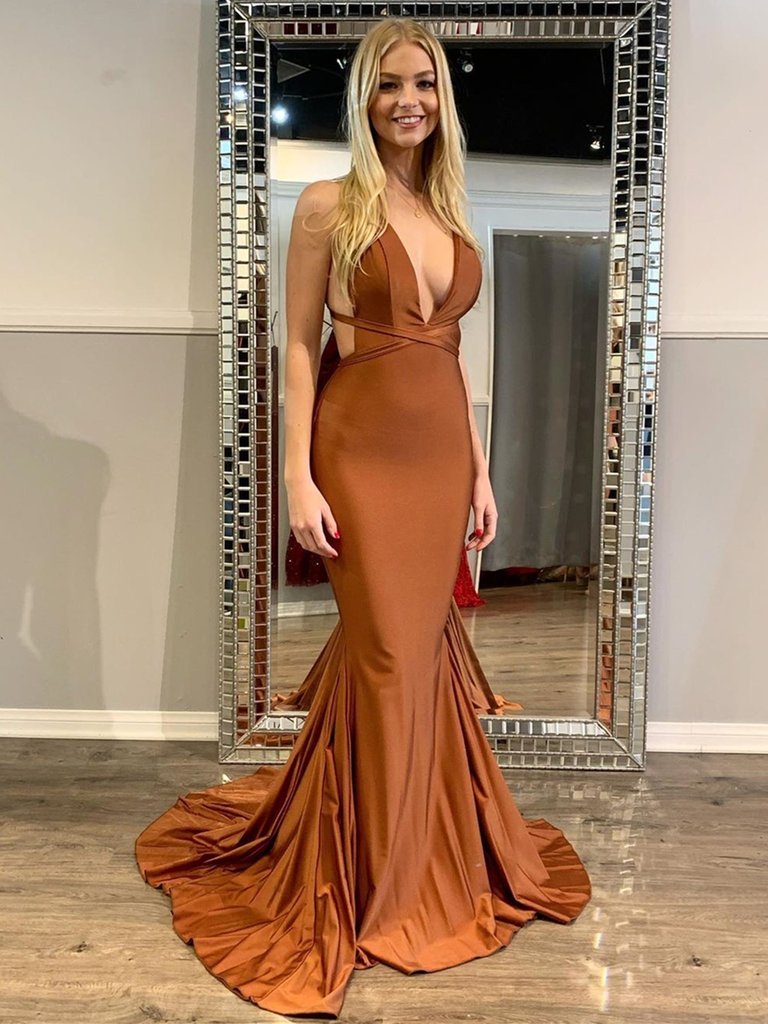 Spandex Backless Coffee Brown Belt Sheath Column Prom Dress