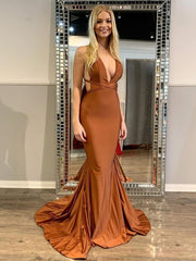 Spandex Backless Coffee Brown Belt Sheath Column Prom Dress