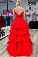 Red Tiered Ruffles Backless V-Neck Tulle Prom Dress