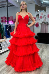 Red Tiered Ruffles Backless V-Neck Tulle Prom Dress