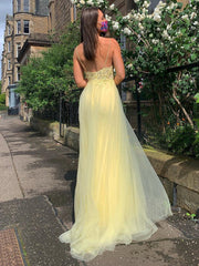 Beading Spaghetti Straps Daffodil Yellow Tulle Long Prom Dress With Slit