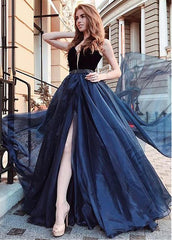 Organza V-neck Blue Long A-line Evening Prom Dress