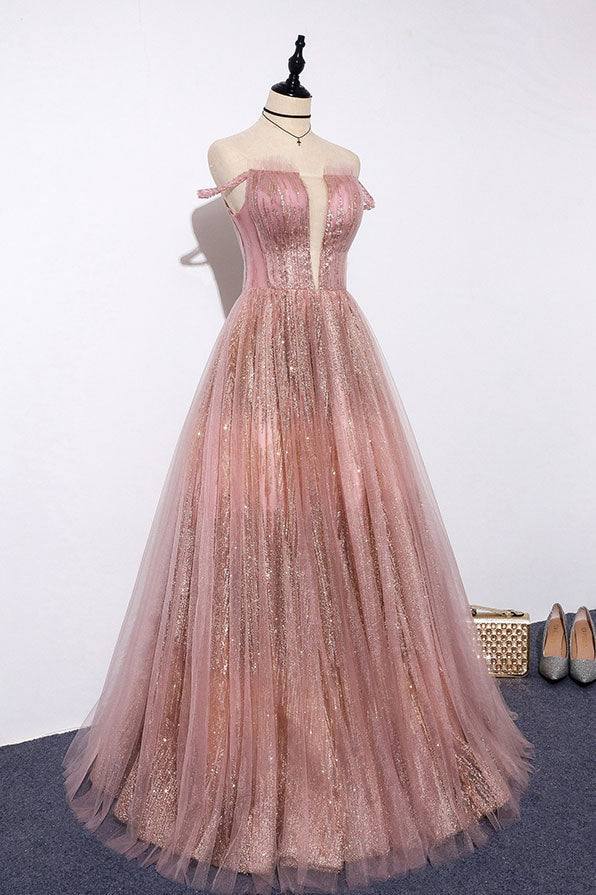 Pink tulle lace long prom dress pink tulle formal dress - RongMoon