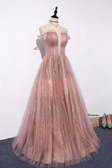 Pink tulle lace long prom dress pink tulle formal dress - RongMoon