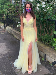 Beading Spaghetti Straps Daffodil Yellow Tulle Long Prom Dress With Slit