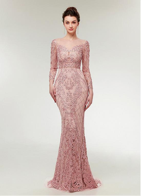 Lace Jewel Long Sleeve Pink Mermaid Evening Dress
