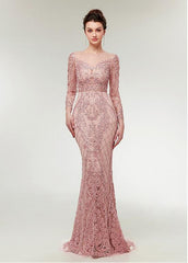 Lace Jewel Long Sleeve Pink Mermaid Evening Dress