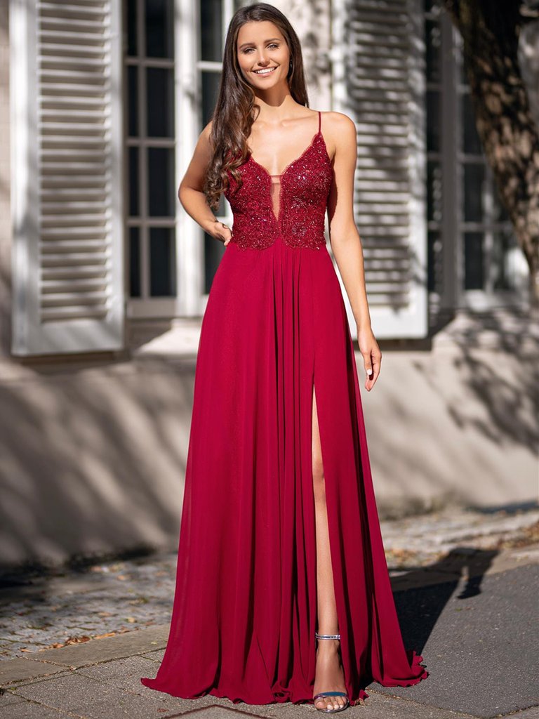 Beading Mesh Chiffon Burgundy Spaghetti Straps Prom Dress With Slit