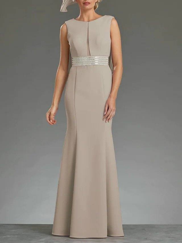 Sheath / Column Mother of the Bride Dress Elegant Jewel Neck Floor Length Stretch Fabric Sleeveless with Sash / Ribbon Sequin - RongMoon