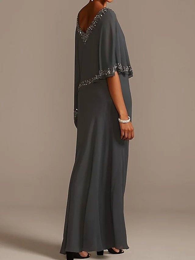 Sheath / Column Mother of the Bride Dress Elegant V Neck Floor Length Chiffon Half Sleeve with Beading - RongMoon
