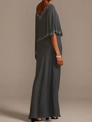 Sheath / Column Mother of the Bride Dress Elegant V Neck Floor Length Chiffon Half Sleeve with Beading - RongMoon