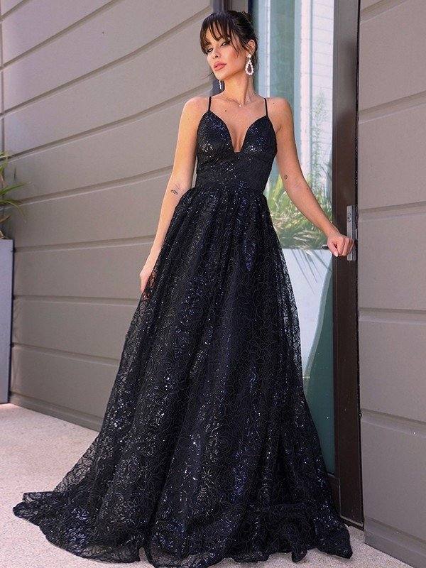 A-Line/Princess V-neck Sequins Sleeveless Sequin Sweep/Brush Train Dresses - RongMoon