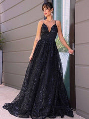 A-Line/Princess V-neck Sequins Sleeveless Sequin Sweep/Brush Train Dresses - RongMoon