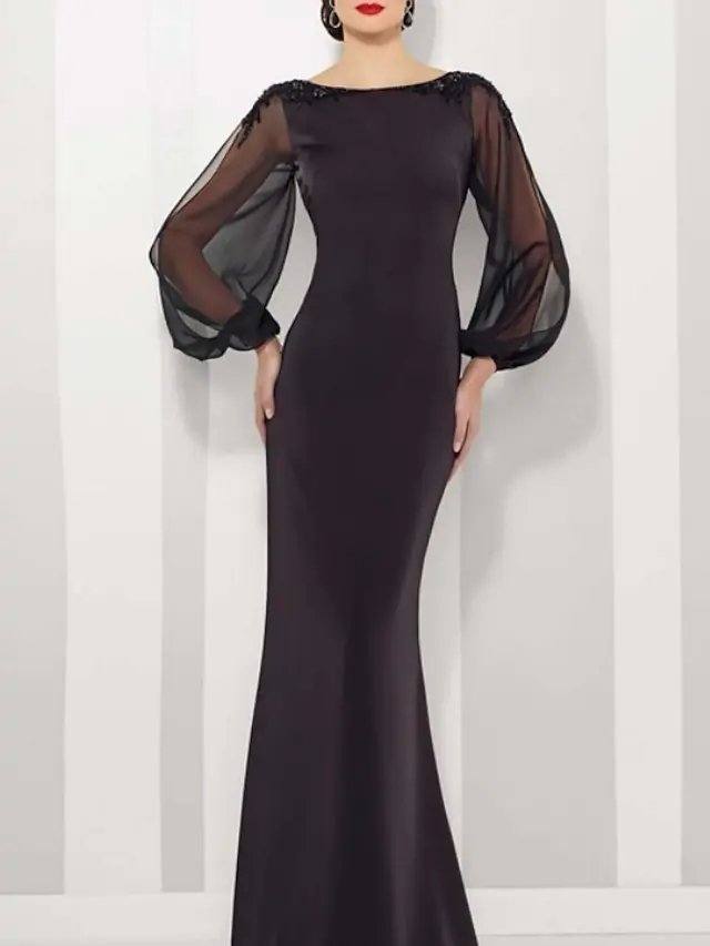 Mermaid / Trumpet Mother of the Bride Dress Elegant Jewel Neck Floor Length Satin Tulle Long Sleeve with Appliques - RongMoon