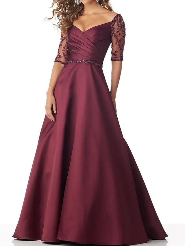 A-Line Mother of the Bride Dress Sexy V Neck Floor Length Satin Half Sleeve with Sash / Ribbon Beading - RongMoon