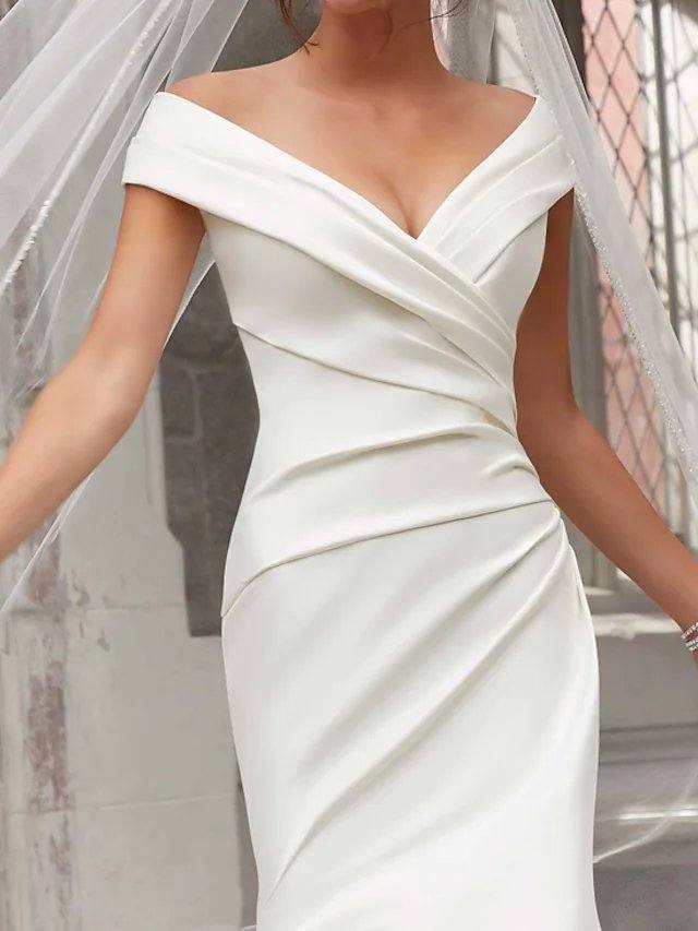 Mermaid / Trumpet Wedding Dresses Off Shoulder Sweep / Brush Train Polyester Cap Sleeve Country Plus Size with Ruched Draping - RongMoon