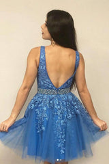 Blue v neck tulle lace short prom dress blue lace homecoming dress - RongMoon
