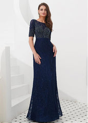 Tulle Bateau Navy Floor-length A-line Evening Dress