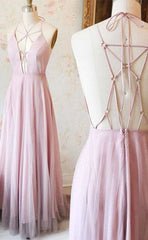 Unique Pink v neck long prom dress, pink evening dress - RongMoon