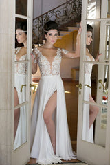 Long Sleeve Sexy Slit V-neck Chiffon Bridal Simple Wedding Dress