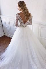 Vintage Fluffy Tulle Lace Bridal Long Sleeve See Trough Wedding Dress
