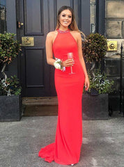 Halter Backless Beading Red Mermaid Satin Sexy Prom Dress