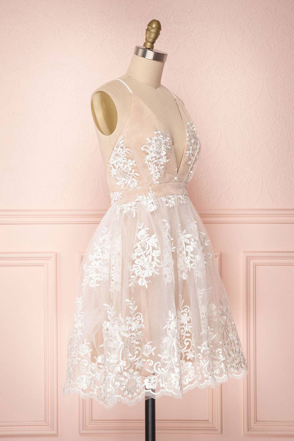 Champagne v neck tulle lace short prom dress champagne tulle bridesmaid dress - RongMoon