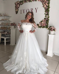 Lace Belt A-line Appliques Off The Shoulder Long Sleeve Wedding Dress