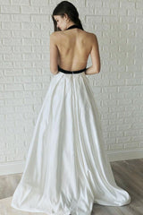 Satin Long Backless White and Black V Neck Prom Dress