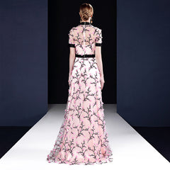 Pink Short Sleeves 3D Flowers A Line Round Neck Prom Dress