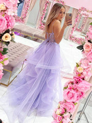 Spaghetti Straps Beading Purple Lavender Floral Long Prom Dress