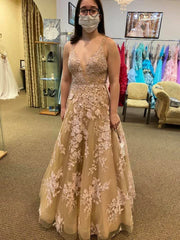 Champagne Halter Appliques Tulle Lace Up Prom Dress
