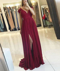 Burgundy off shoulder long prom dress, burgundy evening dress - RongMoon