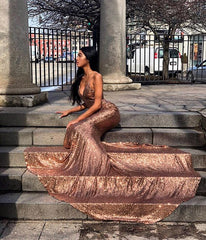 Sequins Sexy Spaghetti Straps Backless Mermaid Prom Dress