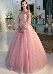 Tulle Off-the-shoulder Pink Long Sleeves Ball Gown Prom Dress With 3D Flowers