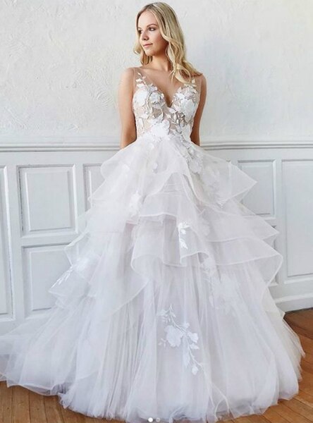 Backless A-Line White Tulle Appliques V-neck Wedding Dress
